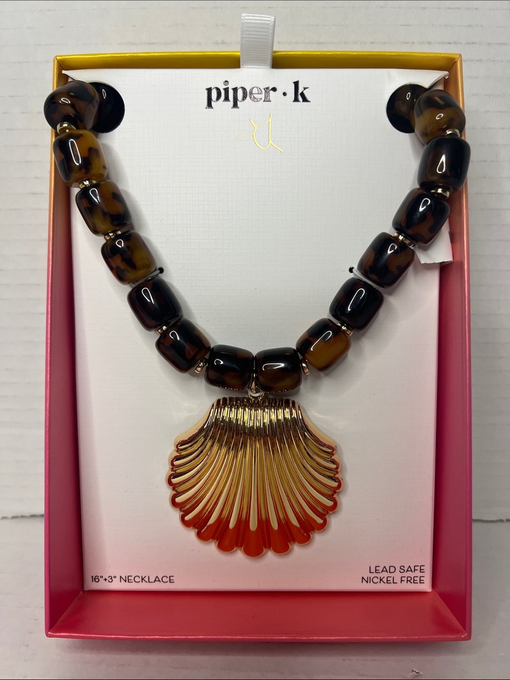 Piper K Costal Amber Tortoiseshell Bead Necklace Gold Shell Pendant NEW